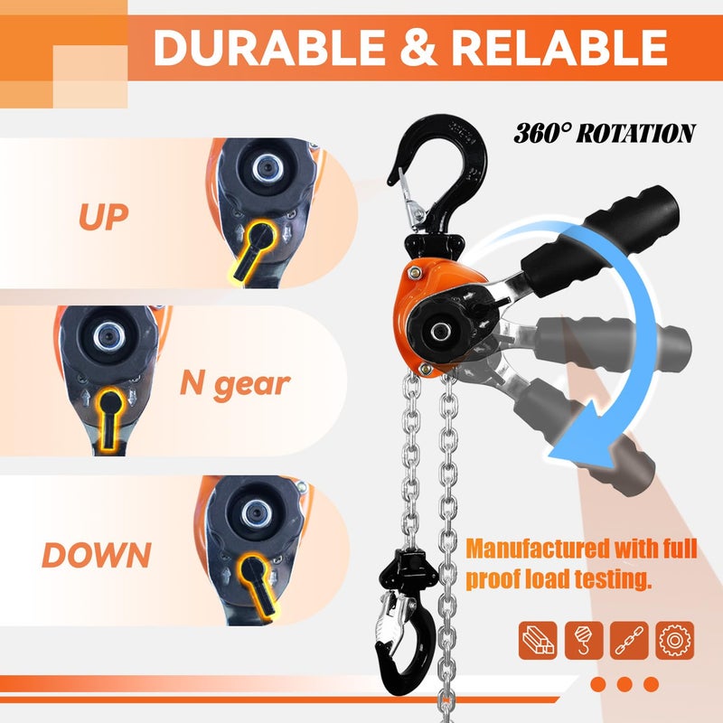 TKK Mini Lever Chain Hoist 1/4 Ton - 550lbs Capacity, 10ft Lift, Safety Hooks - Portable Manual Hoist for Garages, Warehouse, Automotive - Come Along Winch, Ratchet G80 Chain Fall Hoist - Image 3